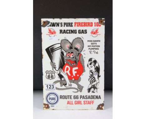 Advertising - Pure Oil Co Firebird Racing Gasoline Route 66 enamel wall sign, white ground, approx 30.5cm x 20cm 