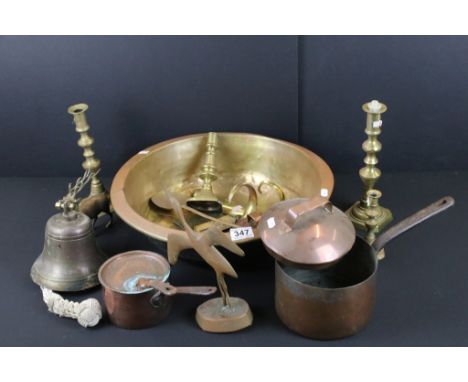 Collection of 19th Century and later metal wares to include a large copper bowl, copper sauce pans, brass bell, pair of candl