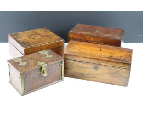 Four early 20th century wooden boxes / tea caddies to include a mahogany tea caddy (20cm wide), rosewood dome-topped tea cadd