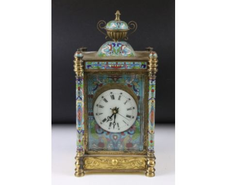 Gilt and cloisonne mantle clock, the circular enamel dial with Roman numerals, the case with bevelled glass front, enamelled 