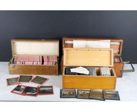 A collection of over 100 x glass magic lantern slides contained within three wooden cases to include topographical, Norway, C