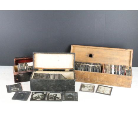 A collection of over 100 magic lantern slides contained within three wooden boxes, mainly people to include Theatre actors an