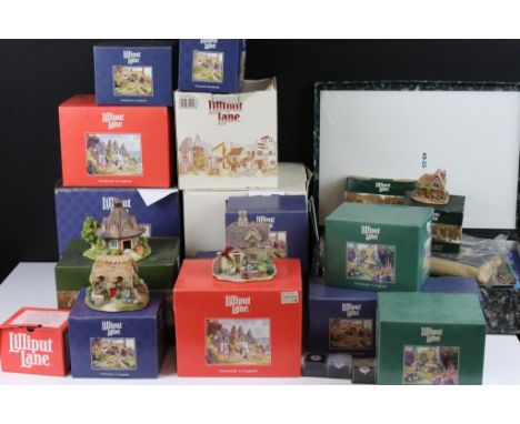18 Boxed Lilliput Lane models to include The Pottery (L2123), Woodman's Retreat, Button Down (790), Mother's Garden (L2323), 