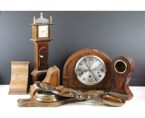 Mixed Treen including Miniature Grandfather Clock, Oak Bookends, Westminster Chime Mantle Clock, etc 