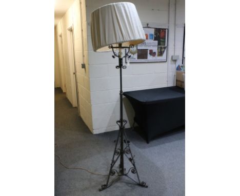Early 20th century Wrought Iron Telescopic Standard Oil Lamp, converted to electric, with shade, total height 183cm 