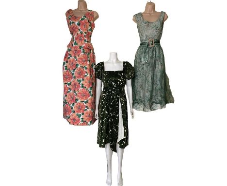 vintage clothing to include an early 60s skirt set with full length skirt and low backed shell top in a bold floral cotton, a