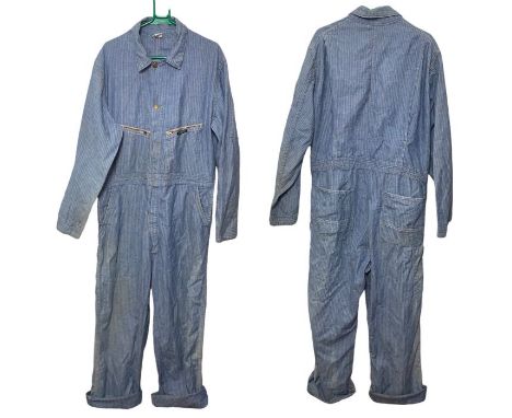 A button front boiler suit or mechanic's overalls by Key Imperial, herringbone denim with metal zipper pockets, mid-century, 