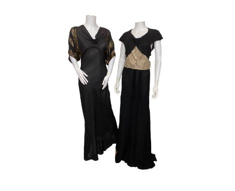 Two 1930s evening gowns, one in a silk georgette, with bands of gold sequins around the short dolman cut sleeves and a weight