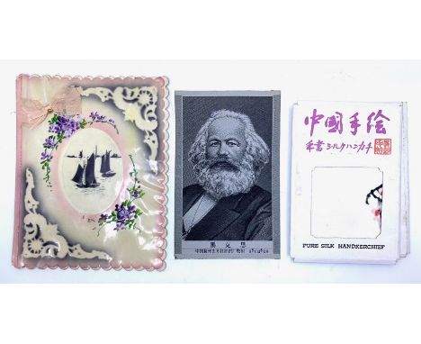 Mixed collection to include Karl Marx silk portrait, three acetate blueprints of aircraft, Edwardian celluloid greetings card