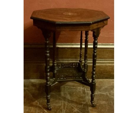 A late Victorian burr walnut and satinwood occasional table, circa 1890-1900 the octagonal top, raised on turned and incised 