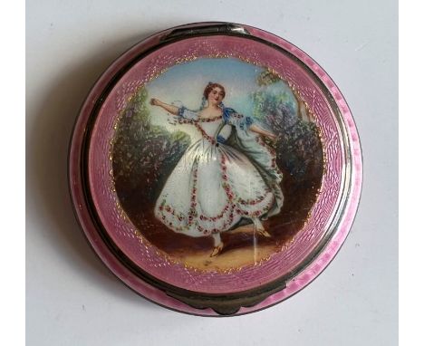 A pink guilloche enamel compact, the lid featuring an enameled courtly lady. (1)