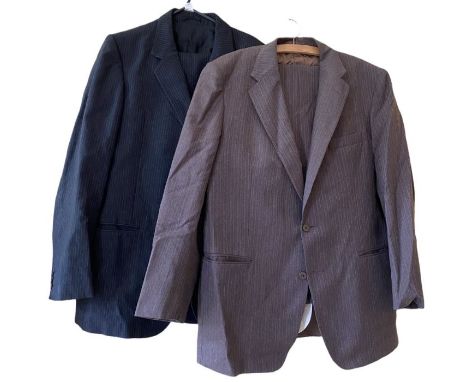 A quantity of vintage menswear to include a brown Christian DIor suit, a pinstripe suit, jackets, accessories and a box camer