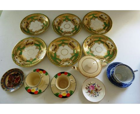 Set of 6 dessert plates C1830 , decorated with hand-painted scenes , a 1930s teapot , 2 1930s cups and saucer , a Japanese cu