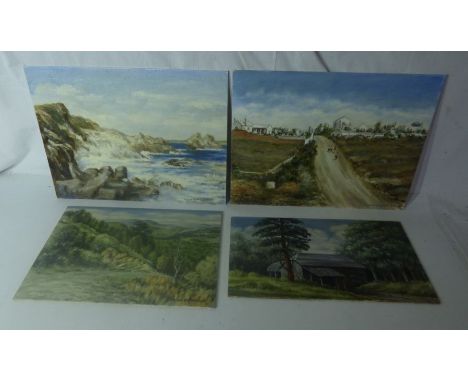 4 x Hugh Penfold  oil on board , Barn in woods , Hillside landscape , Lanzarote Canary islands and seascape Lanzerote .All pr