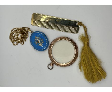 A turquoise enamel&nbsp; oval locket set with pearl, on Italian 18k chain together with a rose gold circular pendant photogra