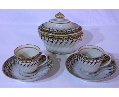 Caughley Sucrier and 2 coffee cups and saucers , circa 1795Star crack to base of 1 saucer , minor small chip on edge of the b