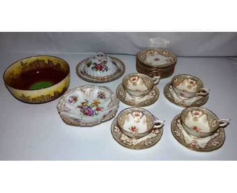 Dresden muffin dish and a bowl . Coalport cups and saucers and a Royal Doulton bowl with a view of Arundel Castle . Chips to 