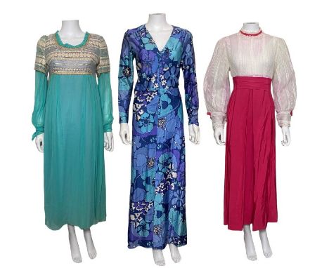 Three 1960s dresses to include a turquoise crepe chiffon and lame brocade evening gown by Kati at Laura Phillips, a 1960s max