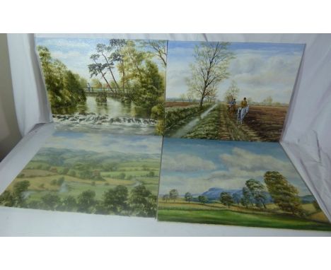 4 x Hugh Penfold  oil on board , Chanctonbury Ring , South Downs Sussex , Horse riders on Sinfin Moor Derbyshire , Wolfscote 