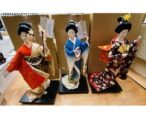 3x Japanese dolls, mounted on stands with original boxes (3)