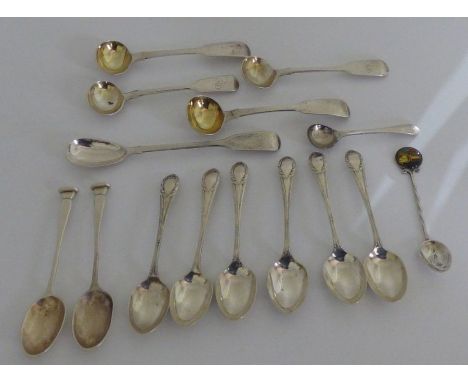 A mixed group of Silver spoons , including a set of 6 coffee spoons , Sheffield 1912 , 2 pairs of mustard spoons , Victorian 