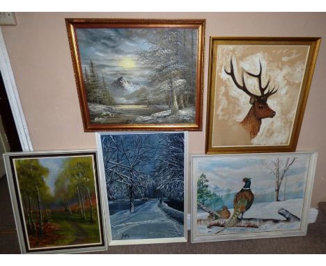 Various modern oil paintings to include Pheasants in a snowy landscape, mountainous landscape with house by a road, seascape 