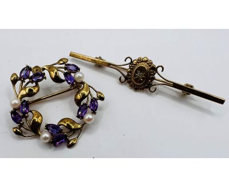 A pair of 9ct gold brooches, both hallmarked for birmingham: an Amethyst and seed pearl wreath brooch, approx 2.8 cms across,