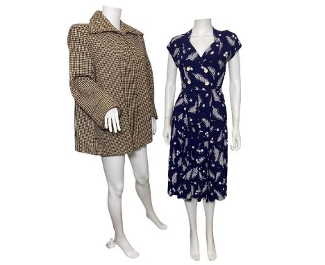 1930s and later clothing to include a CC41 swing jacket in a brown and cream houndstooth, a 1940s novelty print dress in rayo