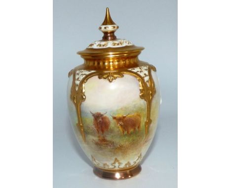 Royal Worcester vase & cover 15cm , decorated by Harry Stinton 1950ssome gilt retouching to the cover .