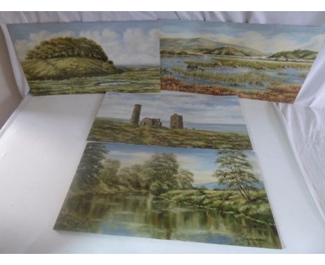 4 x Hugh Penfold  oil on board , Chanctonbury Ring and pond South Downs , Rannoch Moor Argyll , Cornish tin mine , and River 