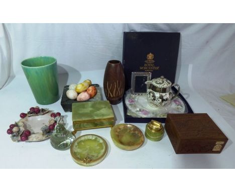A mixed collection to include onyx cigar box , ashtray eggs and other items , Royal Worcester boxed platesilver  picture fram