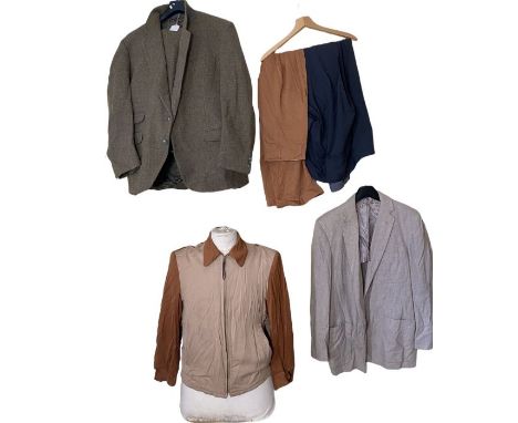 1950s and later menswear to include a 1950s gab jacket, blouson style in tan and beige, Buck Skein brand label, two pairs of 