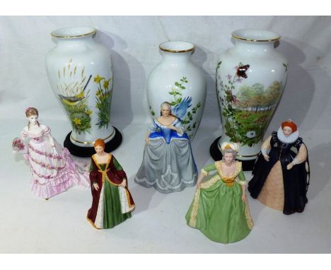 3 Franklin mint vases decorated with birds , flowers and country scenes , 4 Franklin mint figures of Queens , Isabella of Spa