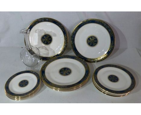 Royal Doulton part dinner service in the Carlyle pattern , 6 dinner plates , 6 side plates and 6 teaplatesand a glass decante