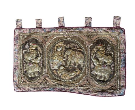 An exquisite vintage Burmese Kalaga tapestry Wall Hanging featuring padded figures, elephants and dragons covered in antique 