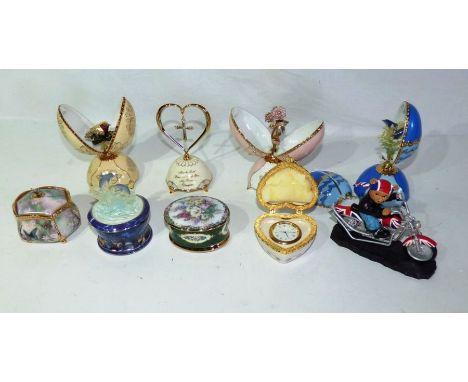 Collection of Bradford Exchange musical eggs and trinket boxes and a Hamilton collectionbear on a motor bikedamage to 1 egg