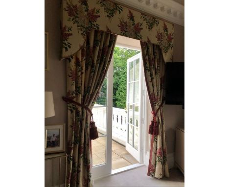 A number of sets of superior quality window dressings made from linen fabric with an exquisite lilac flower print by Brian Ya