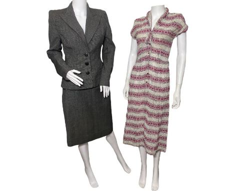 1940s/ early 50s clothing to include a fleck suit with dress and jacket, the dress being fitted with a straight skirt, and th