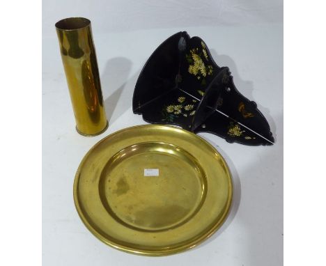 A brass tray plate and vase and a peppier mache corner wall shelf , af