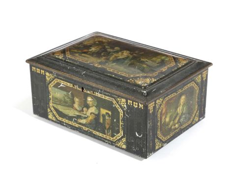 A TÔLE PEINTE BISCUIT OR DRESSING BOX PROBABLY FRENCH, LATE 19TH CENTURYprinted with various Old Master style scenes on a bla