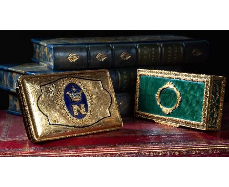 TWO GILT METAL SNUFF BOXES one with an oval panel of blue enamel applied with a coronet and the letter 'N', the other applied