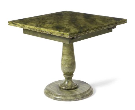 A RARE GREEN PAINTED FAUX MARBLE DRAW-LEAF DINING TABLE ATTRIBUTED TO JOHN FOWLER, C.1950-60the extending top on a turned bal