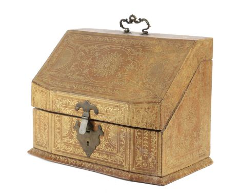 AN ITALIAN BROWN LEATHER STATIONERY BOXLATE 19TH / EARLY 20TH CENTURYwith all over gilt tooled decoration the hinged sloping 