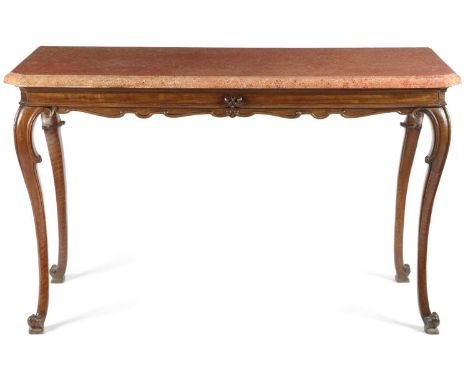 AN ITALIAN WALNUT CONSOLE TABLE POSSIBLY LOMBARDY, 18TH CENTURY AND LATERthe later faux marble painted wood top above a scrol