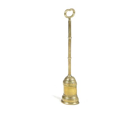 A BRASS DOORSTOP19TH CENTURYof bell shape with a knopped stem and a pierced handle55.3cm highProvenanceParker & Morris: The A