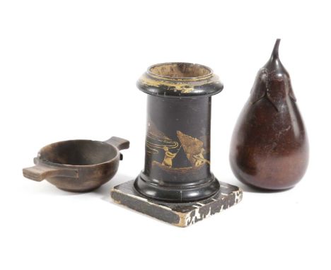 A TREEN FRUITWOOD TEA CADDY IN THE FORM OF AN AUBERGINE20TH CENTURYwith a screw-off calyx and stalk, together with a Scottish