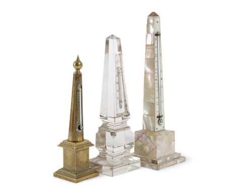 THREE OBELISK DESK THERMOMETERS19TH CENTURYin brass, glass and mother of pearl, one with an ivory register (3)29.6cm highProv