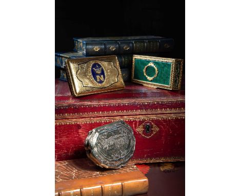 A SILVER- GILT SNUFF BOX, PROBABLY DUTCH OR FRENCH, MID-18TH CENTURY of cartouche shape, chased and engraved with scenes of b