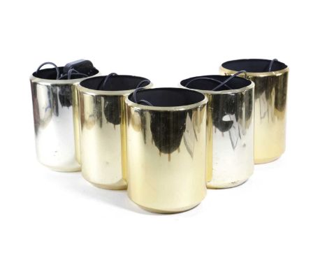 A SET OF FIVE BRASS UPLIGHTERSSECOND HALF 20TH CENTURYof cylindrical shape with a single light fitting (5)24.5cm high, 18.5cm