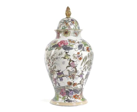 A LARGE STONE CHINA VASE AND COVER19TH CENTURYprinted and hand-coloured with chinoiserie scenes after Jean-Baptiste Pillement